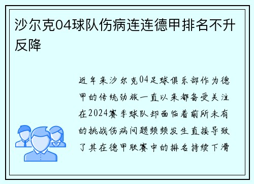 沙尔克04球队伤病连连德甲排名不升反降